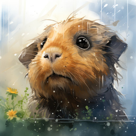 a guinea pig with flowers in the background.の素材