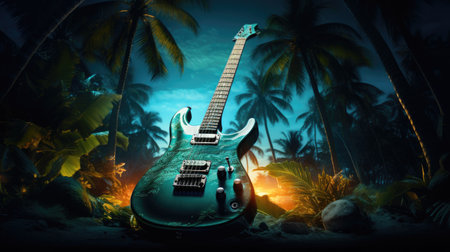Electric guitar on a tropical beach with palm trees.の素材