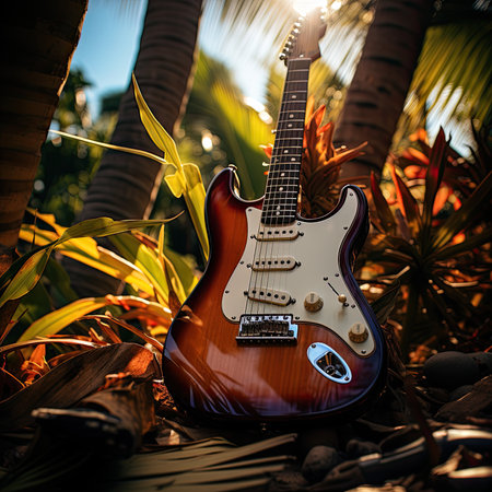 Electric guitar in the garden with palm trees at sunset.の素材