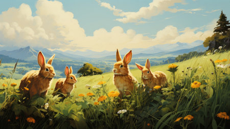 Rabbits in the meadow with dandelions and mountain backgroundの素材