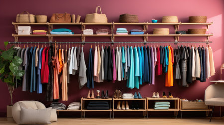 Wardrobe with stylish clothes and accessories on color wall background, closeupの素材
