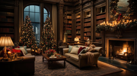 Luxury living room with Christmas tree and fireplace.の素材