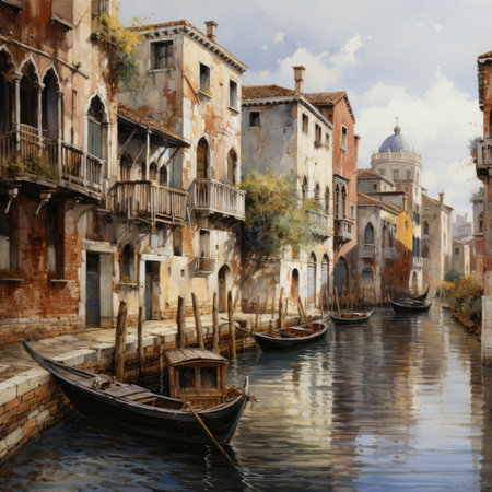 canal with gondolas and old buildingsの素材