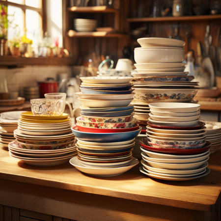 Colorful ceramic plates and bowls on a shelf in a kitchen.の素材