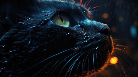 Black cat with blue eyes on the background of the night sky.の素材