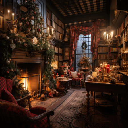 Vintage room with fireplace, Christmas tree, armchair and armchairの素材