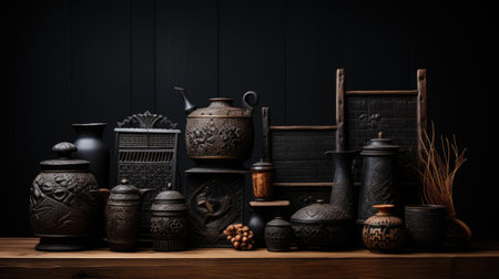 Ceramic kitchenware on a wooden shelf against a dark backgroundの素材