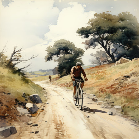 a cyclist riding on a dirt road in the countrysideの素材