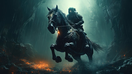 Horseman riding on a horse in the dark forest. Fantasy.の素材
