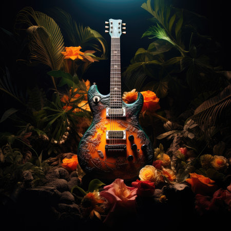 Electric guitar with flowers and leaves on dark background.の素材