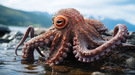 Octopus on the rocks in the water, close-up.の素材