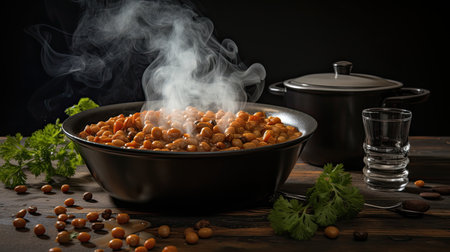 Cooked chickpeas in a bowl on a wooden table.の素材