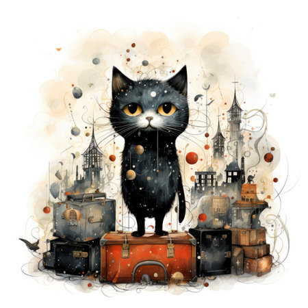 Cute black cat on the background of the old town.の素材