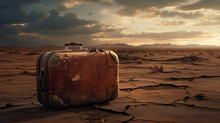 Old suitcase on the cracked earth at sunset.の素材
