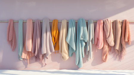 Colorful scarves hanging on the wall in a sunny day.の素材