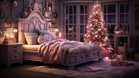 a beautiful bedroom with a Christmas tree and giftsの素材