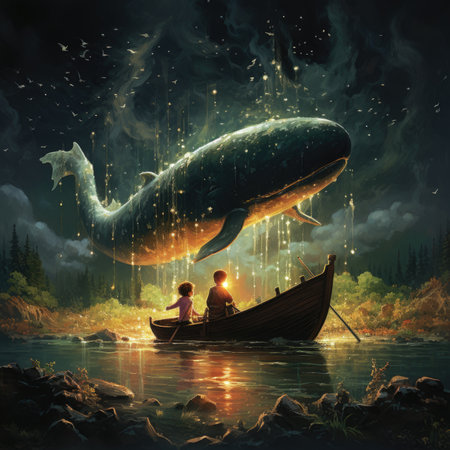 Fantasy scene with a little boy and big whale in a boatの素材
