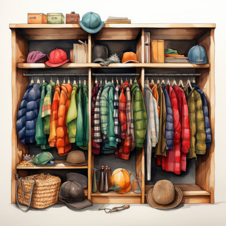 Closet with different clothes, hats and other things.の素材