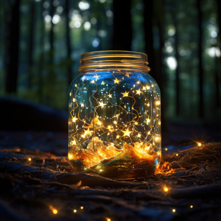 Glass jar with christmas lights in the forest.の素材