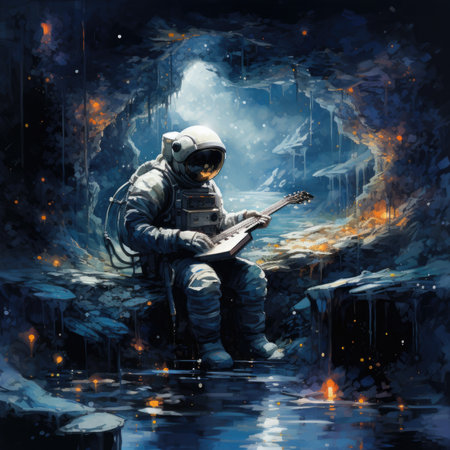 an astronaut playing the electric guitar in a dark caveの素材