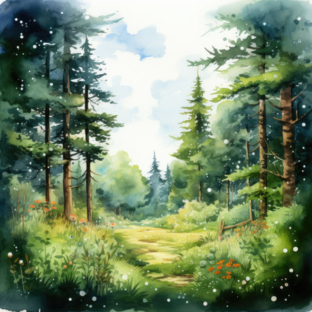 Watercolor Beautiful summer landscape with forest.の素材