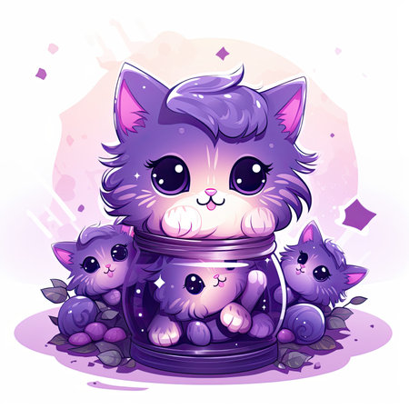Cute cartoon cat with purple eyes sitting in a jar of grapesの素材