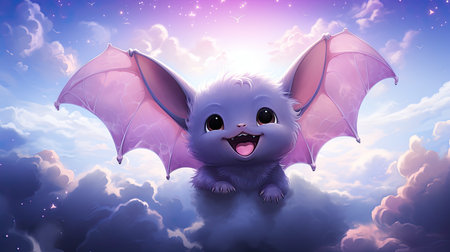 Cute cartoon bat flying in the skyの素材