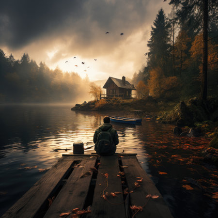 Foggy autumn morning on the lake. A man is sitting on a wooden pier and drinking coffee.の素材