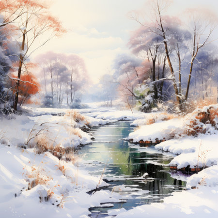 Winter landscape with river and trees covered with snow.の素材