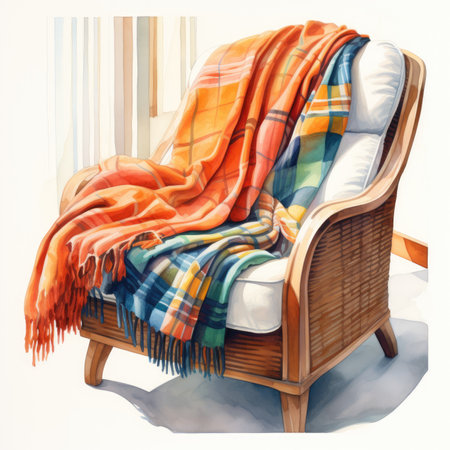Armchair with plaid on a white background.の素材