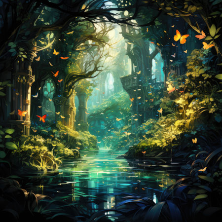 Beautiful fantasy landscape with a pond in the forest and magic butterfliesの素材