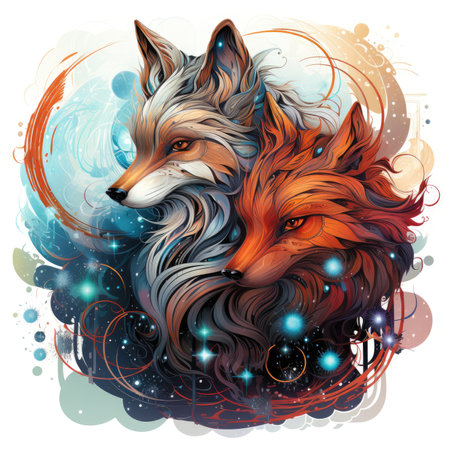 a fox head on a background of a dreamy galaxy.の素材