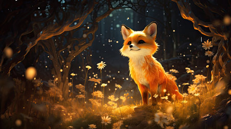 Cute fox in the forest at night.の素材