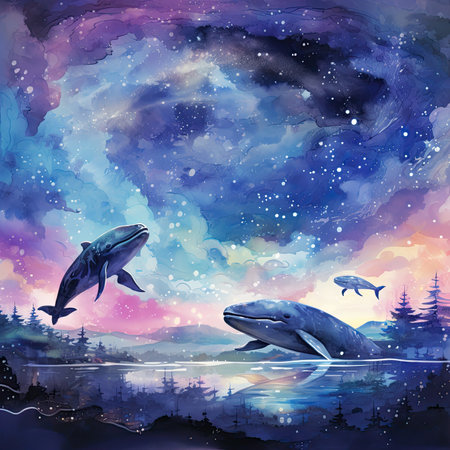 Watercolor whale swimming in the sea. Night sky.の素材