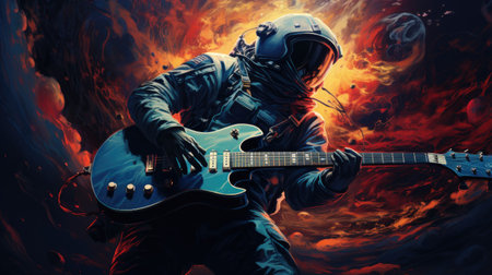 Musician playing electric guitar in cosmic space.の素材