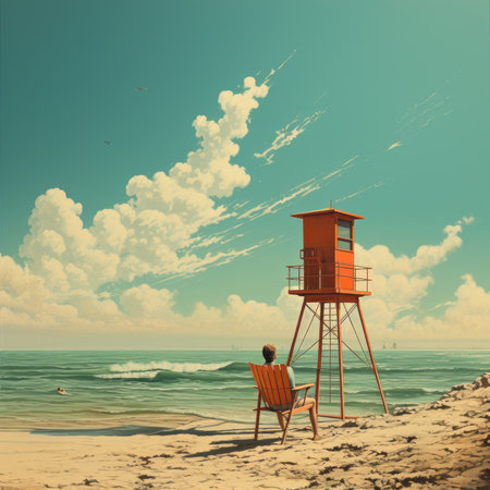 Man sitting on a chair and looking at a lifeguard tower on the beachの素材