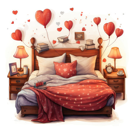 Valentine's day concept. Bedroom with red heart shaped balloons and lamps.の素材