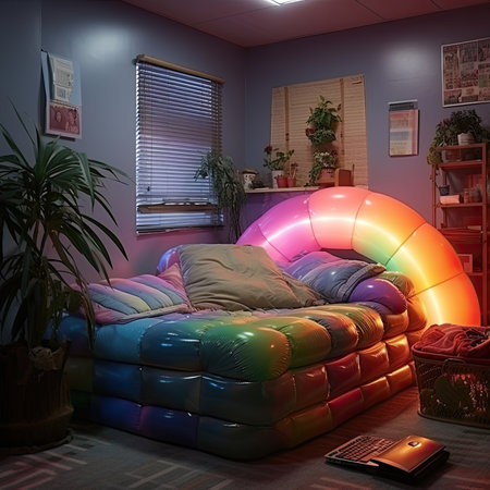 Interior of a living room with a colorful sofa and a lampの素材