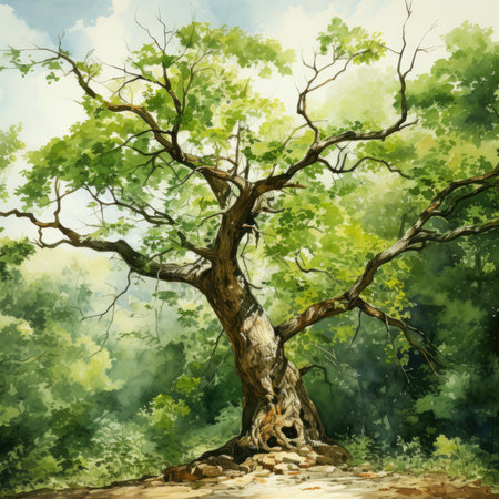 Watercolor Old oak tree in the forest.の素材