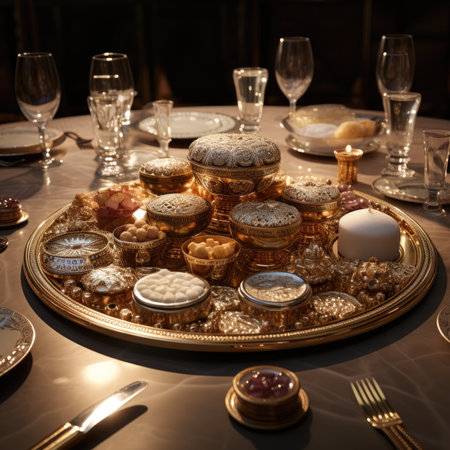 Table set for a wedding or another catered event dinner with candles and biscuitsの素材