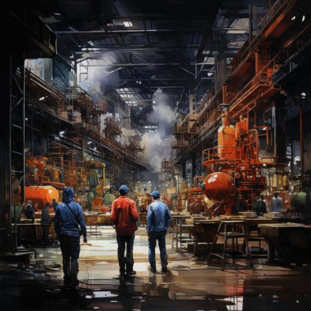 workers working in a factory with heavy machinery.の素材