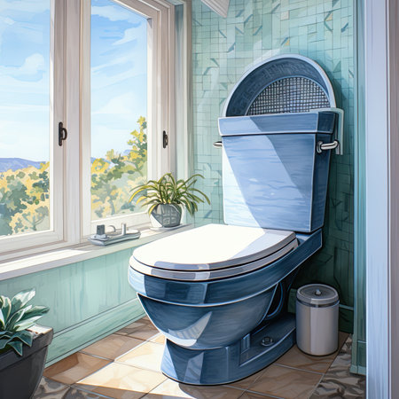 Bathroom with blue tiles and a large blue toilet.の素材