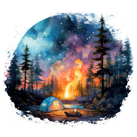Watercolor Camping in the woods at night.の素材