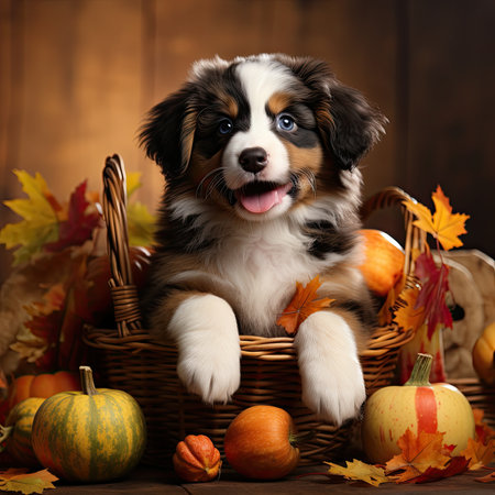 Puppy of shepherd in basket with autumn leaves on wooden backgroundの素材