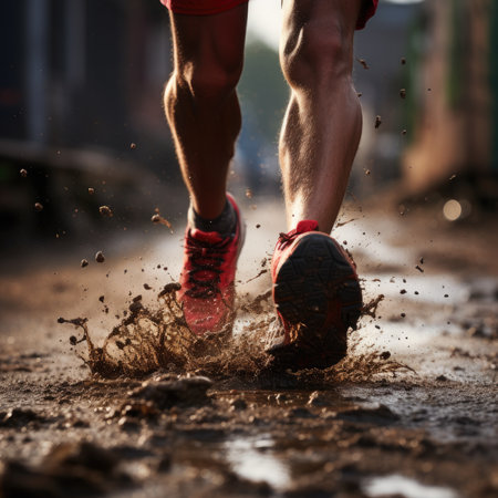 Running man. Close up of male legs running on muddy road.の素材