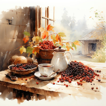 Autumn still life with berries and a cup of tea on the wooden tableの素材
