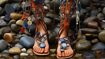 Feet of a Native American woman with dreamcatcher and beadsの素材