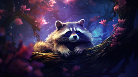Cute raccoon on a tree branch in a fantasy forest.の素材