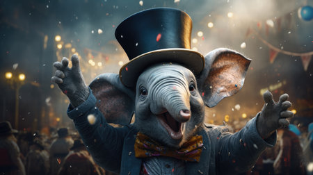 Funny circus elephant in hat and scarf on background of night cityの素材