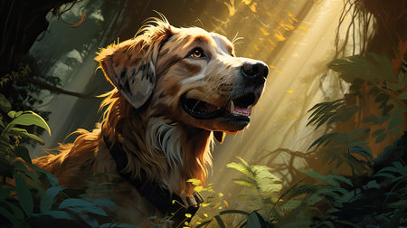Portrait of golden retriever dog in the forest with sunlight.の素材
